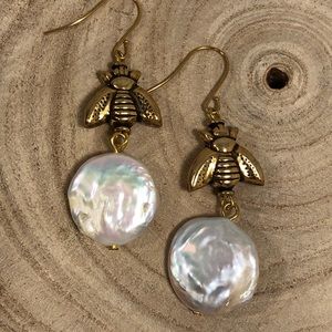 Coin Pearl Bee Drop Earrings